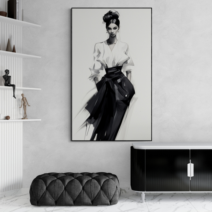 Tablou canvas, modern, silueta femeie fashionin stil abstract, alb negru, pentru studiou [1]