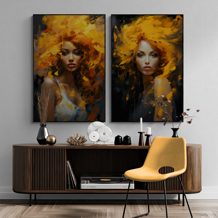 Tablou canvas, modern, silueta femeie fashionin, stil abstract, galben, pentru hol [1]
