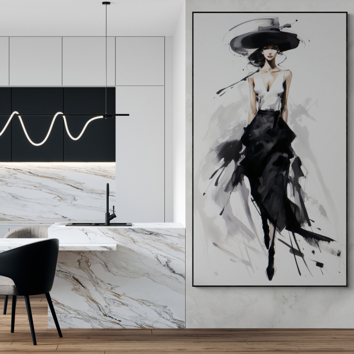 Tablou canvas, modern, silueta femeie fashionin stil abstract, nuante alb negru, pentru living [1]