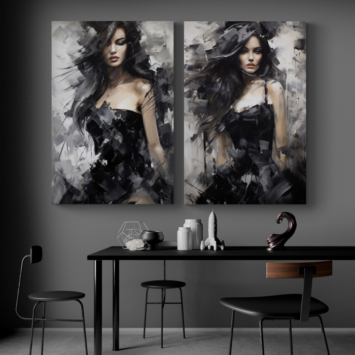 Tablou canvas, modern, silueta femeie fashionin stil abstract, nuante de negru, gri, pentru birou [1]
