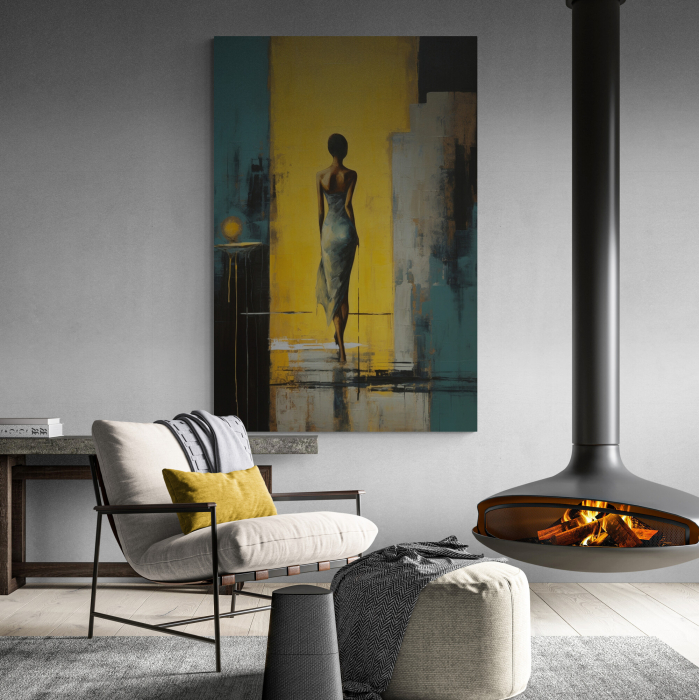Tablou canvas, modern, silueta femeie, in stil abstract, nuante de turcuaz, galben, pentru hotel [1]