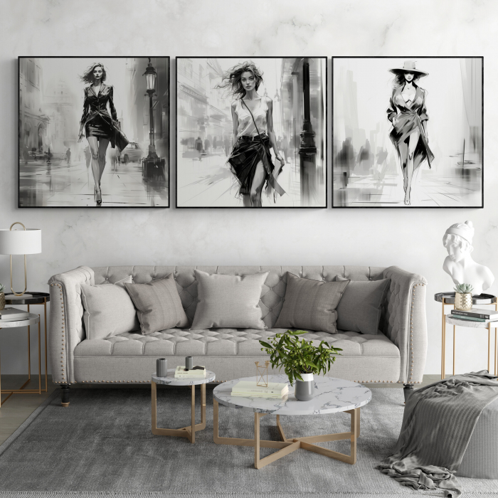 Tablou canvas, modern, silueta femeie eleganta, fashionin, stil abstract abl negru, pentru salon [1]