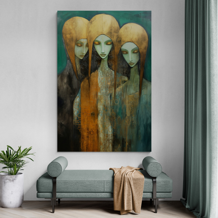 Tablou canvas, modern, siluete 3 femei, in stil abstract, nuante de turcuaz, auriu, pentru hol [1]