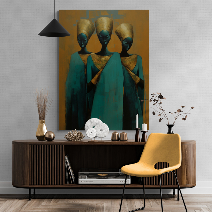 Tablou canvas, modern, siluete femei, in stil abstract, nuante de turcuaz si auriu, pentru hol [1]