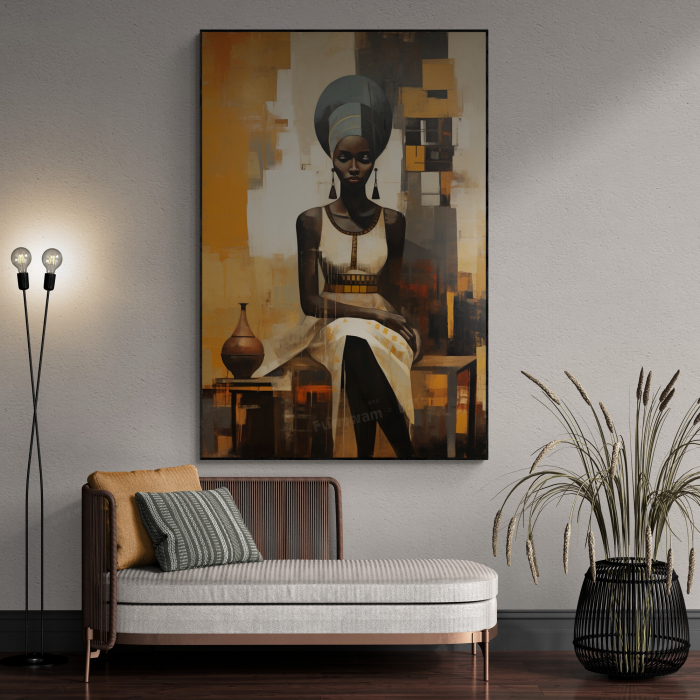 Tablou canvas, modern, siluete femeie africane, in stil abstract, nuante de galben, crem, pentru hol [1]