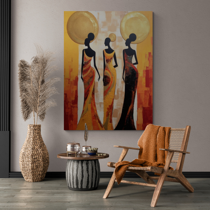 Tablou canvas, modern, siluete femeie africane, in stil abstract, nuante de portocaliu, crem, pentru birou [1]