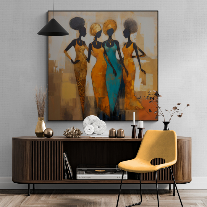 Tablou canvas, modern, siluete femeie africane, in stil abstract, nuante de portocaliu, turcuaz, pentru hotel [1]