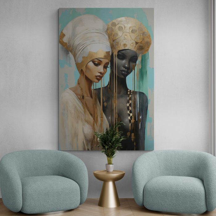 Tablou canvas, modern, siluete femeie africane, in stil abstract, nuante de turcuaz, crem, auriu, pentru hol [1]