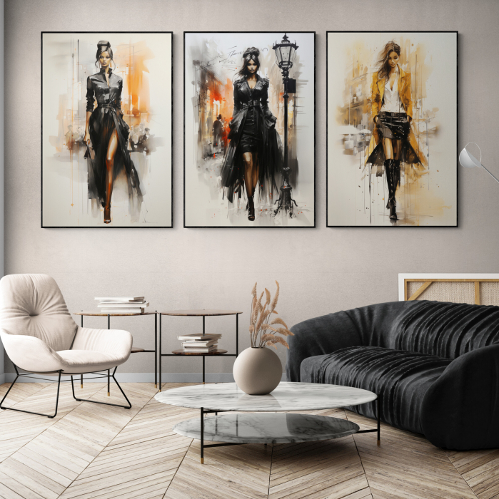 Tablou canvas, modern, silueta femeie eleganta, fashionin, stil abstract,cu nuante de crem, pentru showroom [1]
