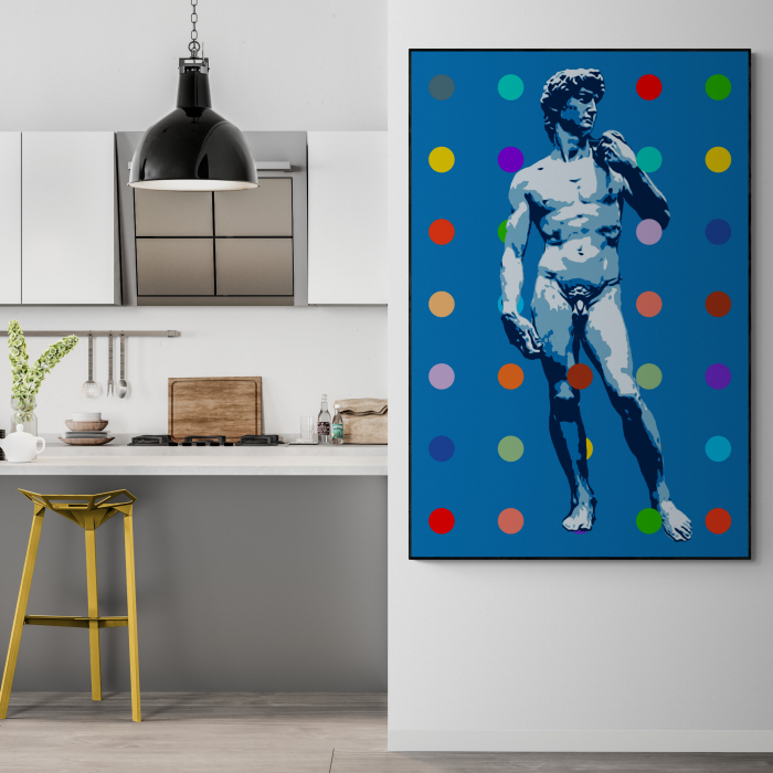 Tablou canvas modern cu statuia David în stil colaj pe fundal albastru. [1]