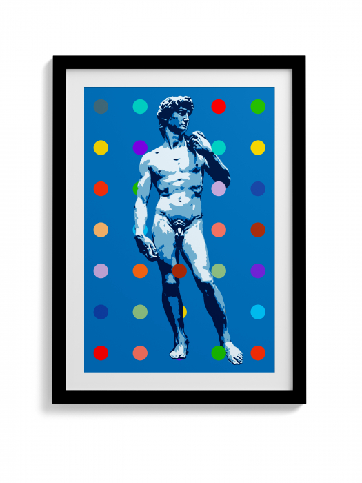 Tablou canvas modern cu statuia David în stil colaj pe fundal albastru. [2]