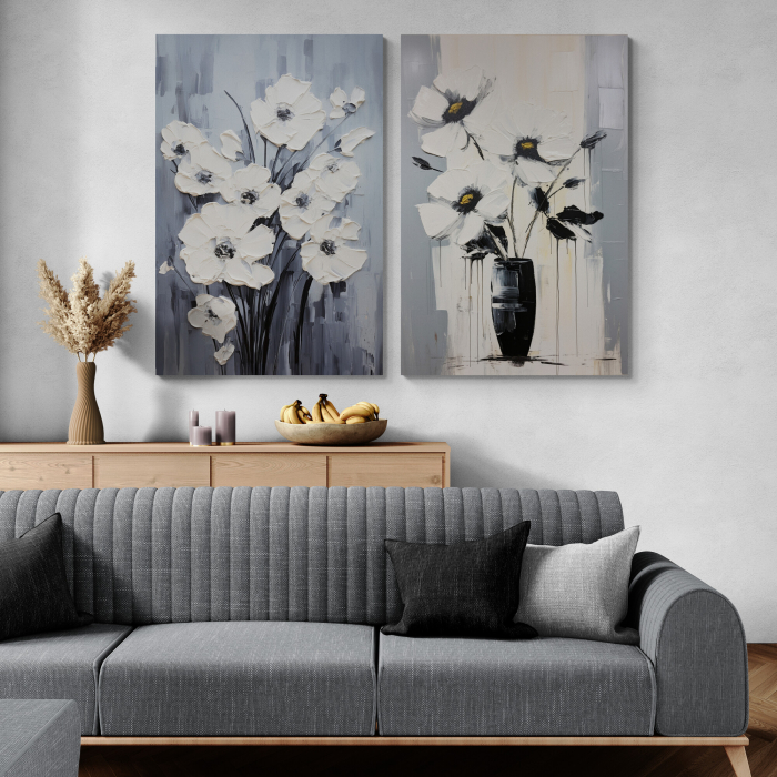 Tablou canvas, modern, vaza cu flori albe pictate, nuante  gri, pentru hotel [2]