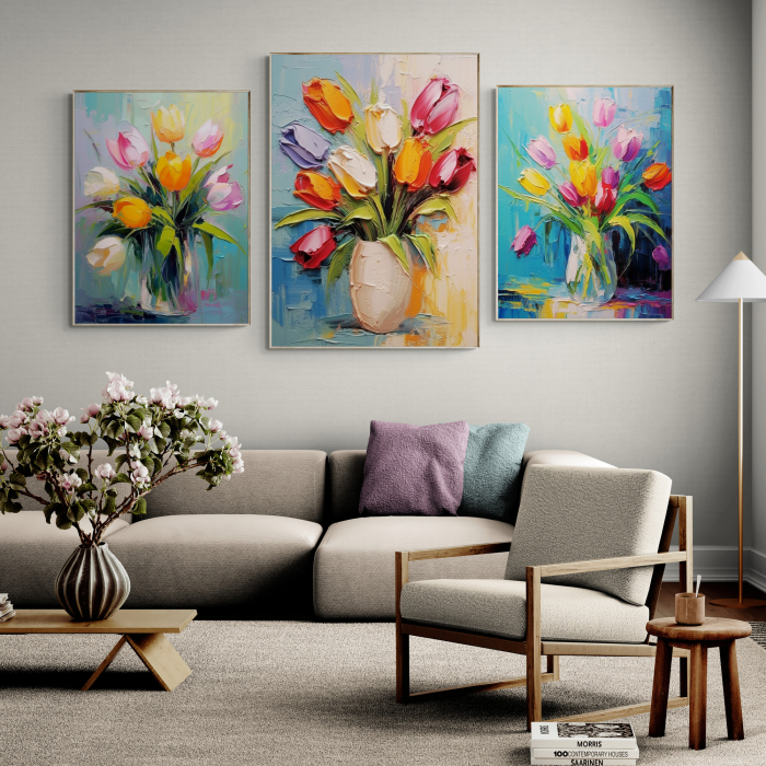 Tablou canvas, modern, vaza cu flori, Lalele colorate pictate, pentru living [1]