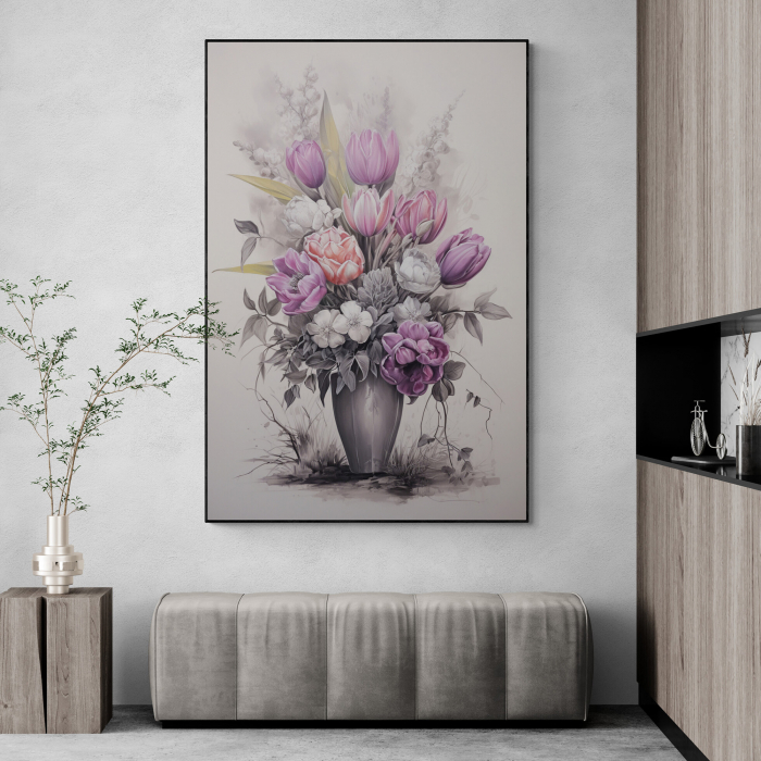 Tablou canvas, modern, vaza cu flori, Lalele roz, pe fundal gri, pentru hol [1]