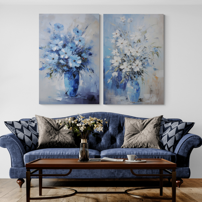 Tablou canvas, modern, vaza cu flori pictate, nuante de albastru, pentru pensiune [1]