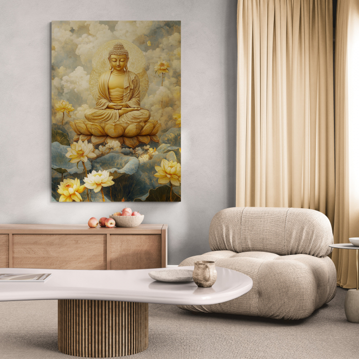 Portret Buddha în Stil Abstract – Artă Canvas Zen cu Lotus și Nori [1]