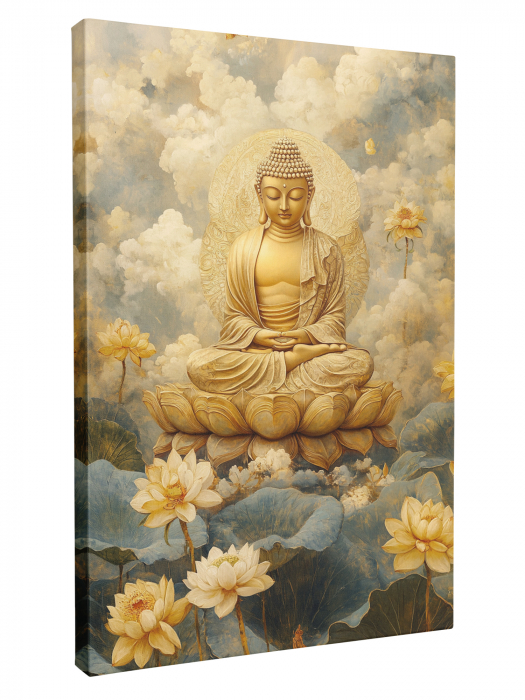 Portret Buddha în Stil Abstract – Artă Canvas Zen cu Lotus și Nori [2]