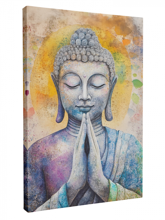 Tablou canvas cu portretul lui Buddha în postură de rugăciune, în nuanțe pastelate de violet, bleu și galben, [2]