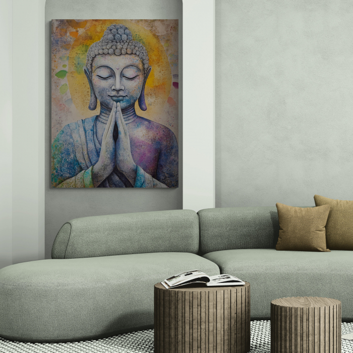 Tablou canvas cu portretul lui Buddha în postură de rugăciune, în nuanțe pastelate de violet, bleu și galben, [1]