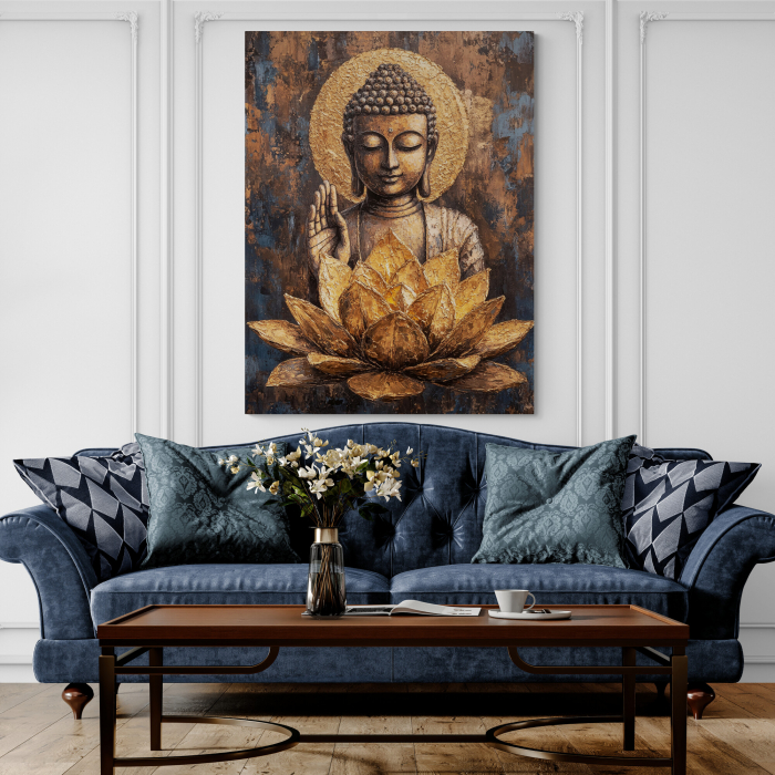 Tablou canvas reprezentând un portret stilizat al lui Buddha cu aură circulară și floare de lotus aurie [1]