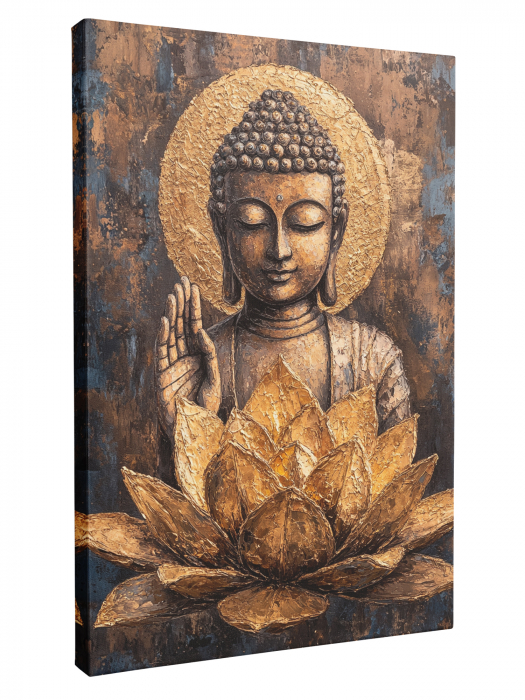 Tablou canvas reprezentând un portret stilizat al lui Buddha cu aură circulară și floare de lotus aurie [3]