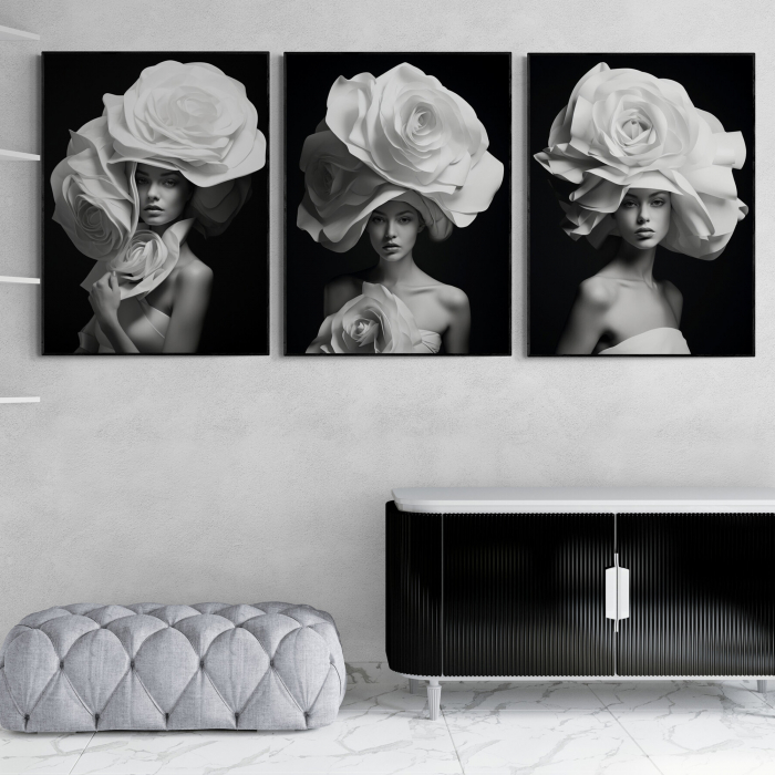 Tablou canvas, portret femeie cu flori albe pe cap, elegant,  alb negru, pentru living, dormitor [1]