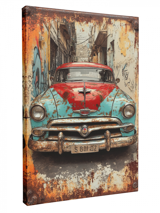 Tablou canvas decorativ ce înfățișează o motocicletă vintage frontală și o mașină clasică [3]