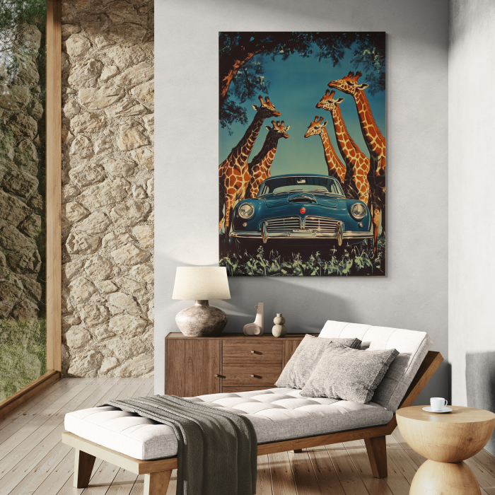Tablou canvas artistic cu o mașină clasică înconjurată de girafe în savană [1]