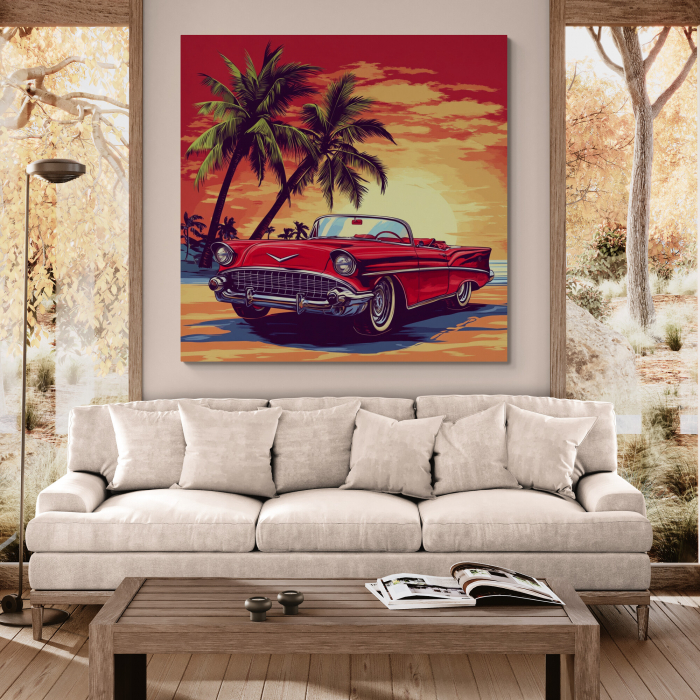 Tablou canvas ilustrativ cu o mașină retro roșie decapotabilă pe o plajă tropicală [1]
