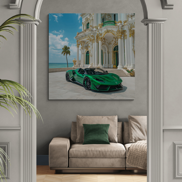 Super mașină verde strălucitoare, surprinsă într-un decor exotic cu arhitectură regală și palmieri [1]