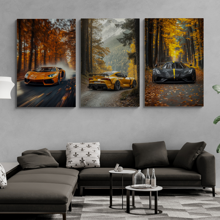 Tablou canvas realist cu masini în mijlocul unei păduri arămii [1]