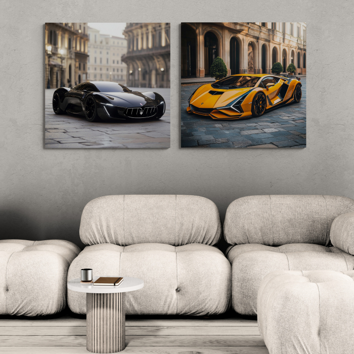 Tablouri canvas de colecție cu Maserati negru și Lamborghini galben, [1]