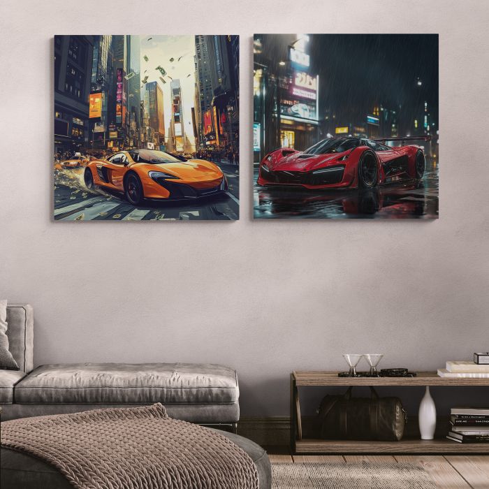 Set de tablouri canvas cu super mașini în peisaje urbane de noapte [1]