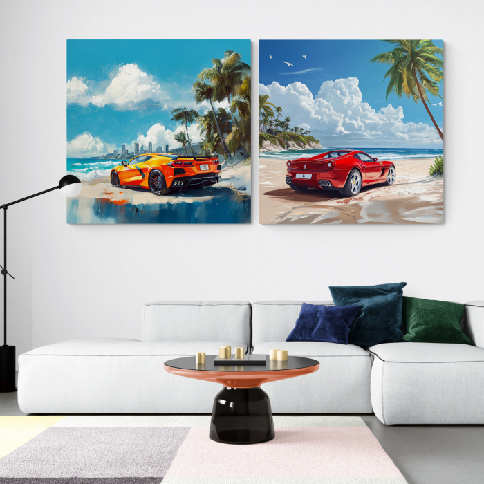 Tablou canvas cu o mașină sport roșie sau portocalie pe o plajă tropicală [1]