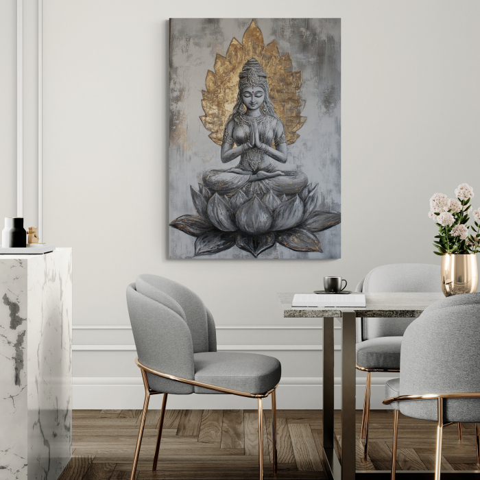 Tablou decorativ cu o zeiță meditativă pe lotus, în nuanțe de gri și auriu [1]