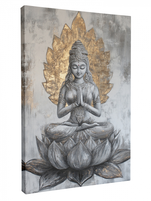 Tablou decorativ cu o zeiță meditativă pe lotus, în nuanțe de gri și auriu [3]