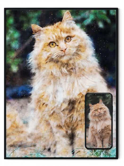 Tablou cu rama, personalizat cu poza ta, Pisica, in stil acuarela, Intaglio, color, print pe hartie foto Fine Art [1]