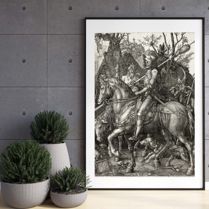 Tablou decorativ, Intaglio, alb negru, Clasic, print pe hartie foto Fine Art, Knight Death and the Devil de Albrecht Durer [1]