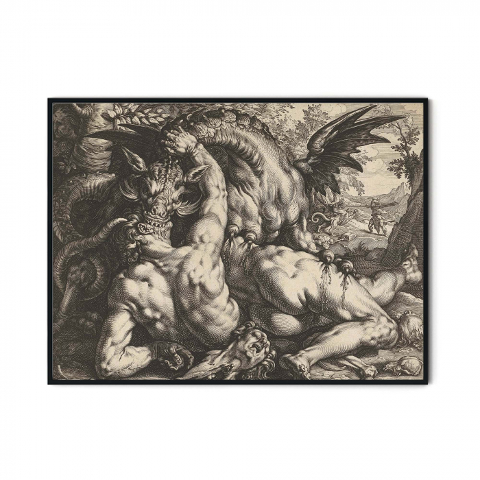 Tablou decorativ, Intaglio, alb negru, Clasic, print pe hartie foto Fine Art, Een draak verslindt de metgezellen van Cadmus de Hendrick Goltzius [3]