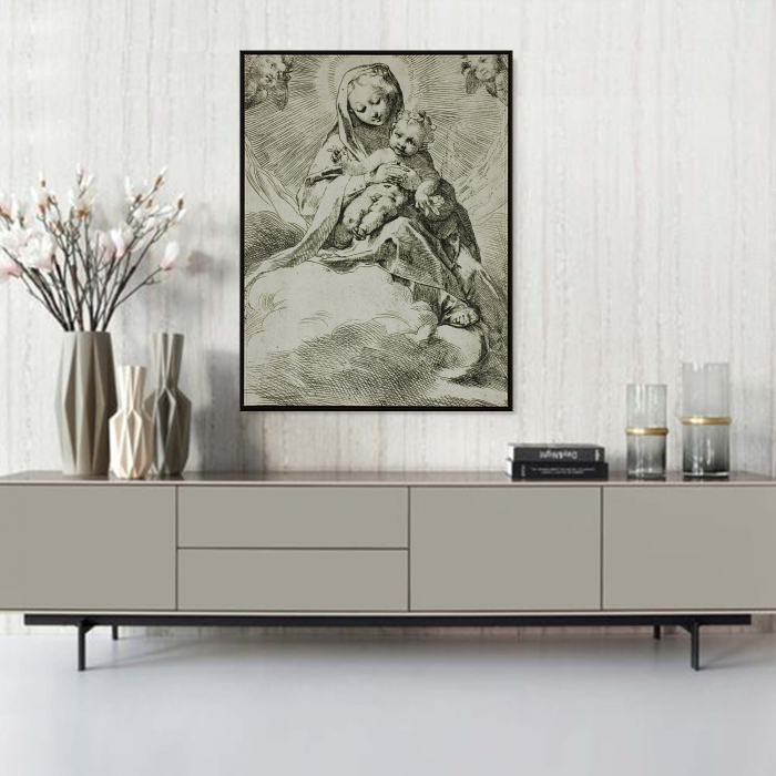 Tablou decorativ, Intaglio, alb negru, Clasic, print pe hartie foto Fine Art, Madonna and Child on Clouds de Federico Barocci [1]