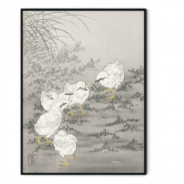 Tablou canvas modern gri cu cinci pui de pasăre, Ohara Koson [3]