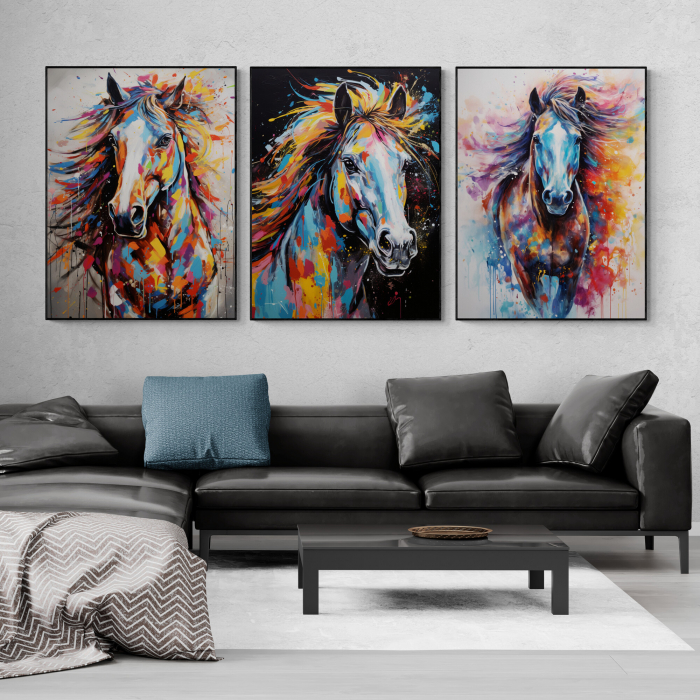 Tablou decorativ, Modern, Animale, Cai in stil abstract, multiccolor, pentru birou [1]