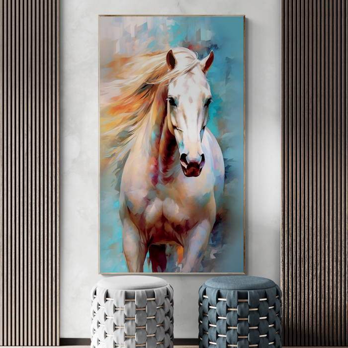Tablou decorativ, Modern, Animale, Cal alb in stil abstract, nuante de turcuaz, pentru hotel [1]
