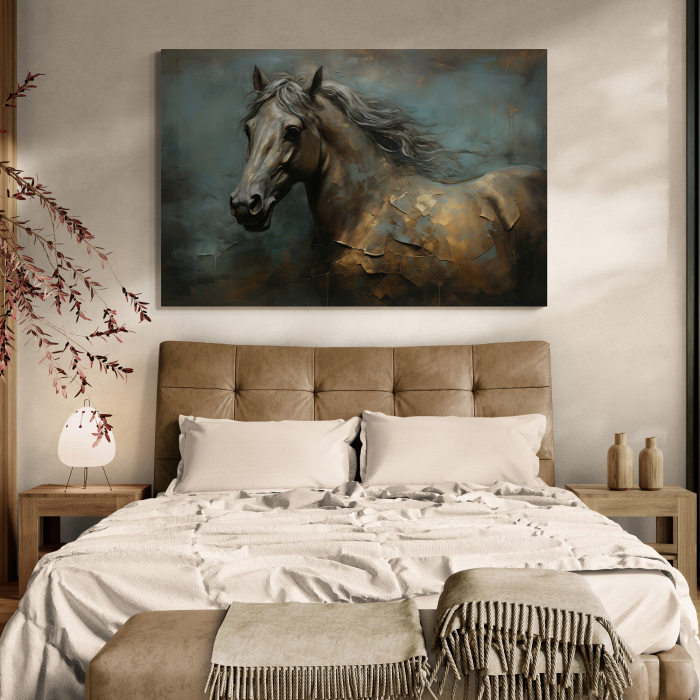 Tablou decorativ, Modern, Animale, Cal in stil abstract, fundal albastru turcuaz, pentru dormitor [1]