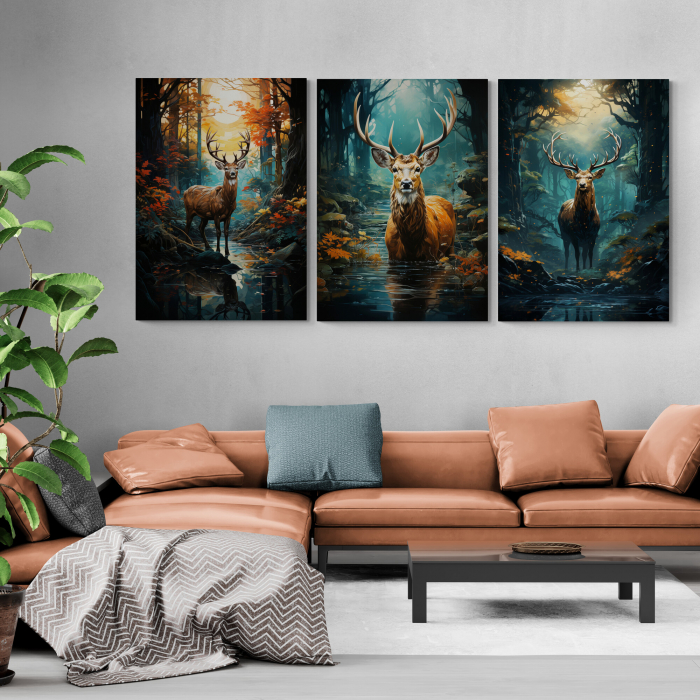 Tablou decorativ, Modern, Animale, Cerb in padure, in stil abstract pe fundal albastru, pentru casa la munte [1]