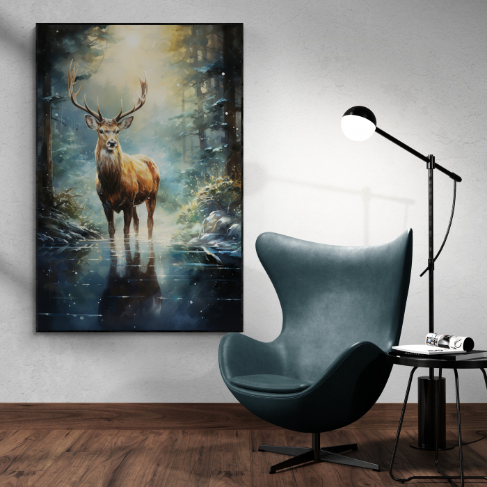 Tablou decorativ, Modern, Animale, Cerb in padure, in stil abstract pe fundal albastru, pentru hotel la munte [1]