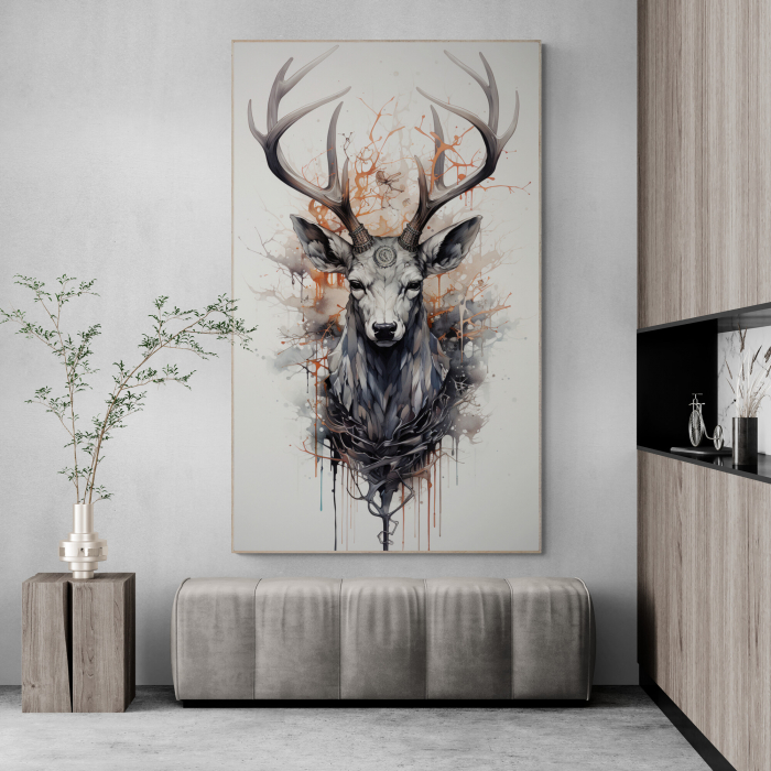 Tablou decorativ, Modern, Animale, Cerb in stil abstract, pe fundal alb, pentru hotel la munte [1]