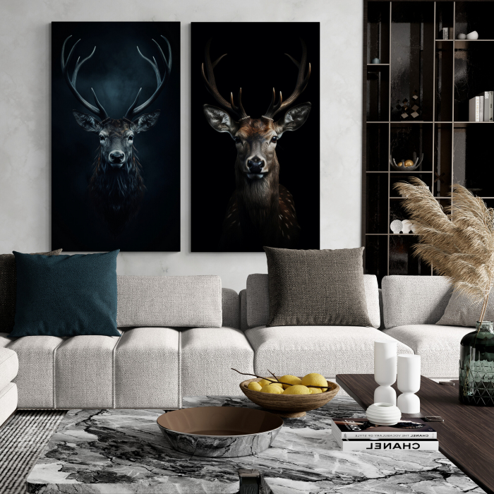 Tablou decorativ, Modern, Animale, Cerb pe fundal negru, gri, pentru living [1]