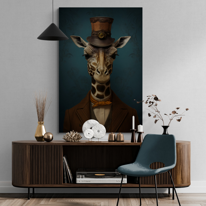 Tablou decorativ, Modern, Animale, Girafa fashion cu palarie, fundal albastru, pentru hol [1]