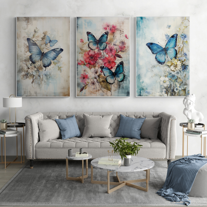 Tablou decorativ, Modern, Animale, Fluturi colorati, nuante de albastru pentru living [1]